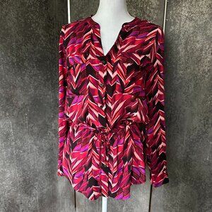 Calvin Klein Womens Red Fuchsia Black Button Up Blouse Drawstring Waist Size M